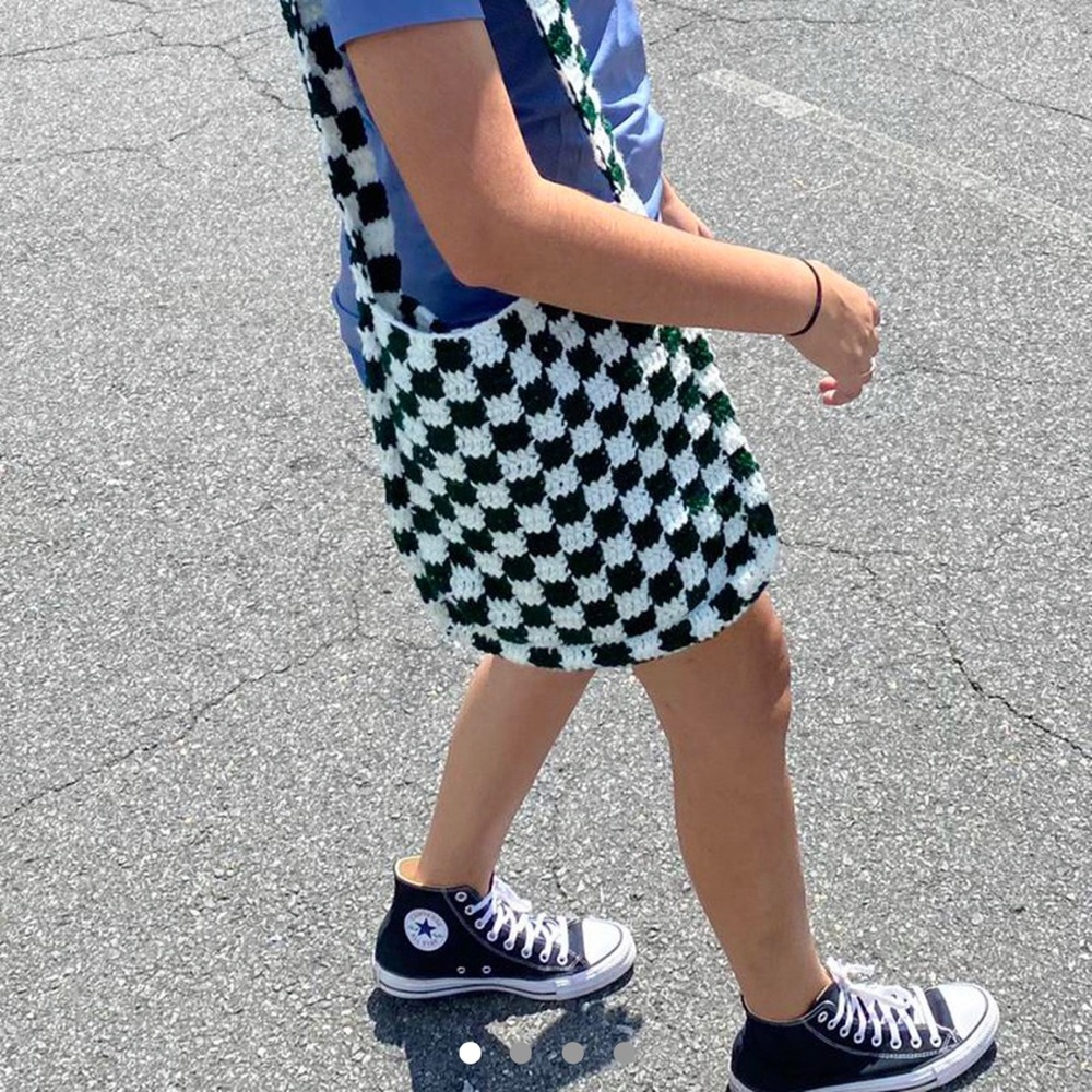 Light blue and white checkered crochet bag